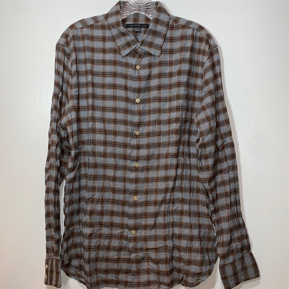 John Varvatos ⭐️ USA Gray/Brown Plaid Crinkled Long Sleeve Button-Up Shirt M